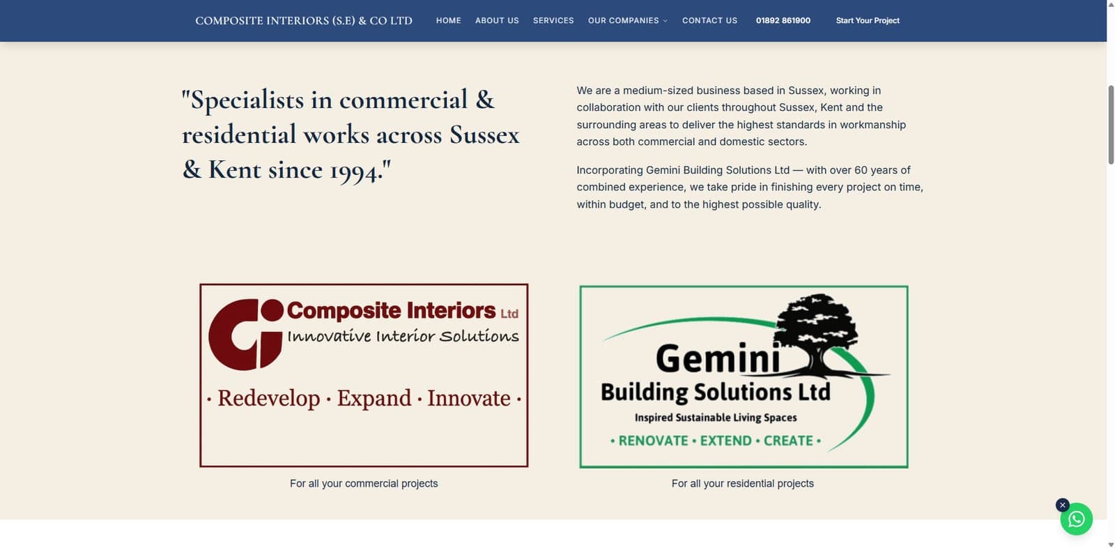 New Composite Interiors website: about section with company logos