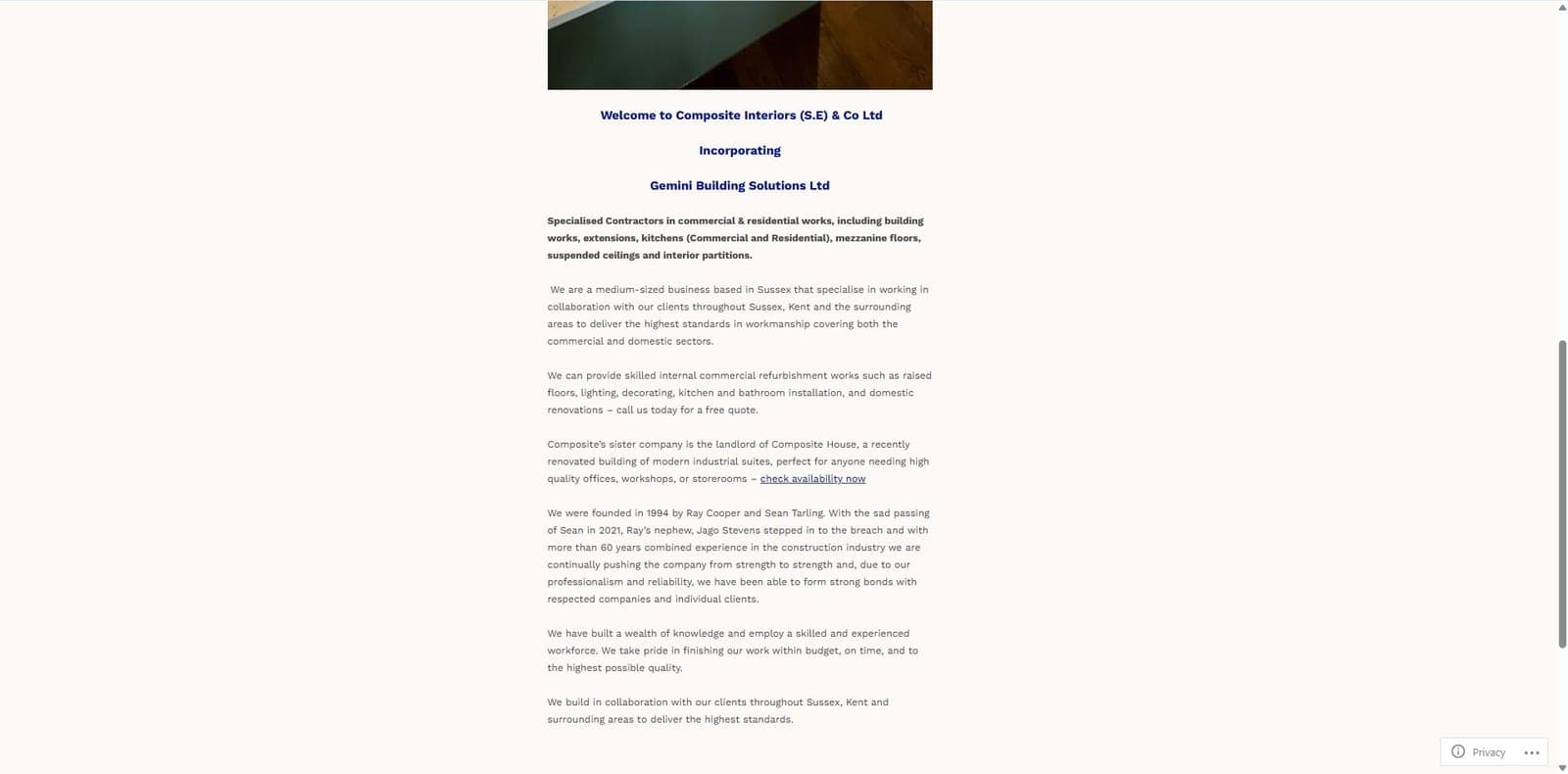 Old Composite Interiors website: company introduction text